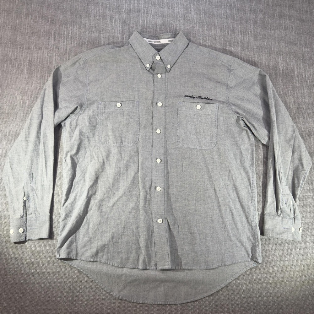 Harley-Davidson Shirt Mens Large Gray Chambray Long Sleeve Button Up Biker